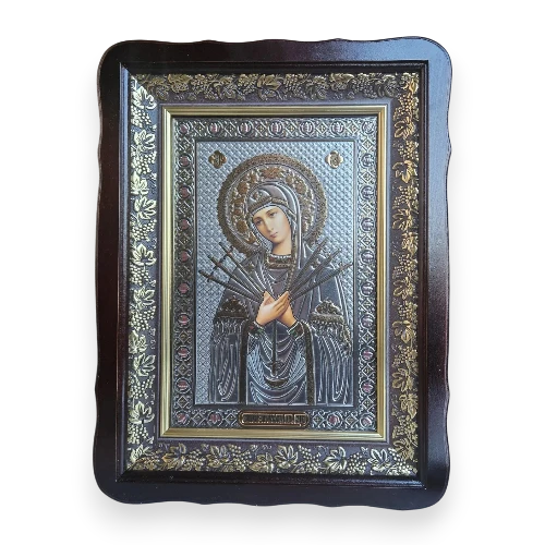 Ікона Пресвятої Богородиці Семистрільної у темному дерев’яному кіоті під склом, 41*31 см в інтернет-магазині Family Store