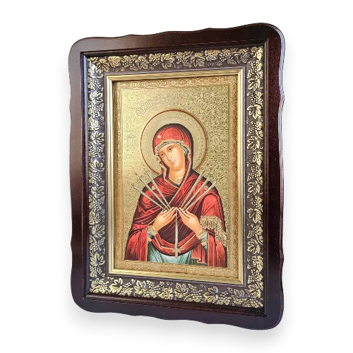Икона Пресвятая
Богородица Семистрельная в темном деревянном киоте под стеклом, размер 41*31, сюжет 20*30 в интернет-магазине Family Store
