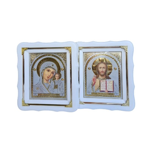 Иконы Венчальные Спаситель, П.Б.Казанская под серебро в белом деревянном киоте под стеклом, киот 21 * 24, лик 15 × 18
 в интернет-магазине Family Store