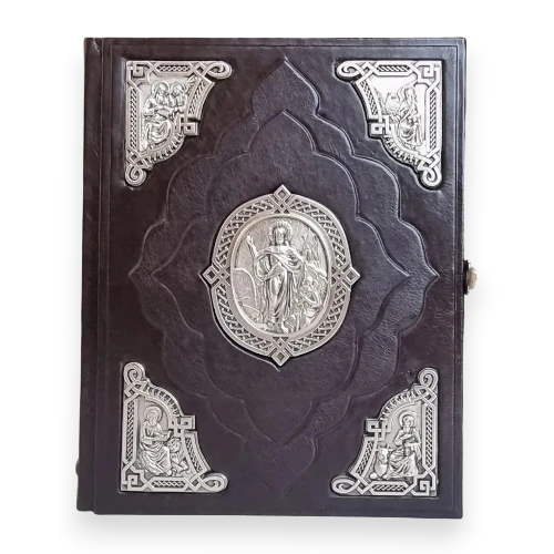 Книга Євангеліє требне у шкіряній палітурці слов'янською мовою зі срібною накладкою «Воскресіння», 20*26 см в інтернет-магазині Family Store