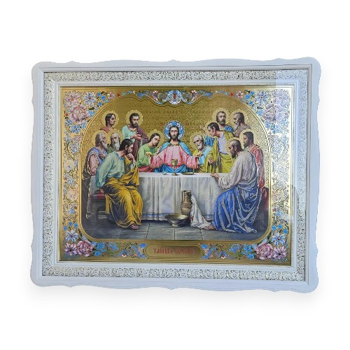 Икона Тайная Ужин большая в белом деревянном фигурном киоте под стеклом, размер 77*61, сюжет с цветами 65*48
 в интернет-магазине Family Store
