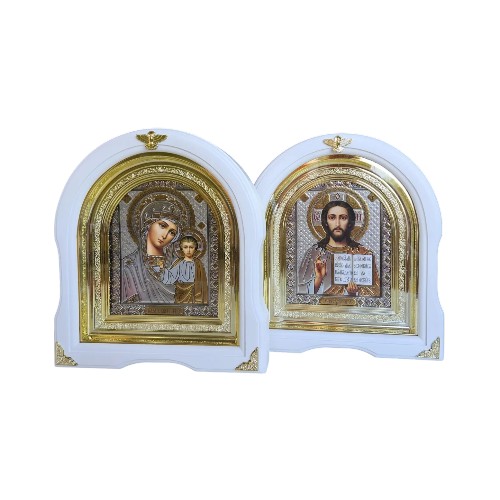 Иконы Венчальные под серебро в белом деревянном арочном киоте под стеклом, размер киота 28*25,сюжет 15*18
 в интернет-магазине Family Store