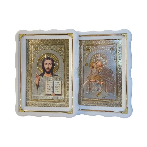 Иконы венчальные Спаситель П.Б Почаевская в белом деревянном фигурном киоте под стеклом, киот 37*27, сюжет 20*30 в интернет-магазине Family Store
