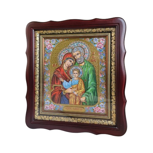 Икона Святое Семейство в темном деревянном фигурном киоте под стеклом, размер киота 32*28, сюжет 20*24
 в интернет-магазине Family Store