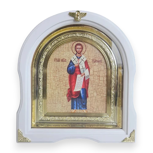 Ікона святого Тимофія в білому арочному фігурному кіоті під склом, розмір кіота 28*25, сюжет 15*18 в інтернет-магазині Family Store