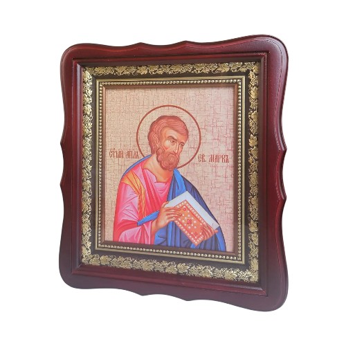 Икона Святой Евангелист Марк в темном деревянном фигурном киоте под стеклом, размер киота 26*23, сюжет 15*18 в интернет-магазине Family Store
