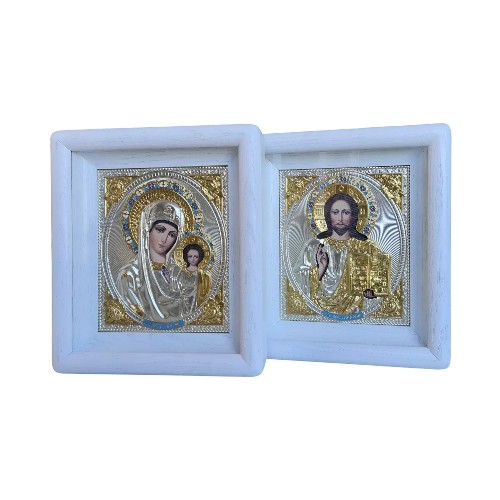 Иконы Венчальные серебро Спаситель и Пресвятая Богородица Казанская в белом деревян. киоте под стеклом, 25*21 в интернет-магазине Family Store