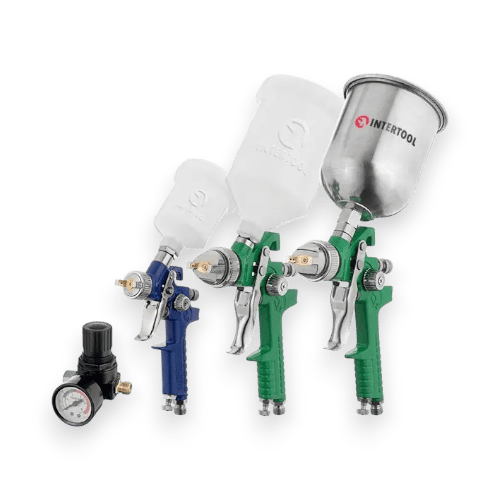 Набор краскопультов из 3 шт HVLP, 0,8мм, 1,3мм, 1,7мм, регулятор давления, два пластиковых и один металлический бачок INTERTOOL PT-1505 от компании MIX Инструмент