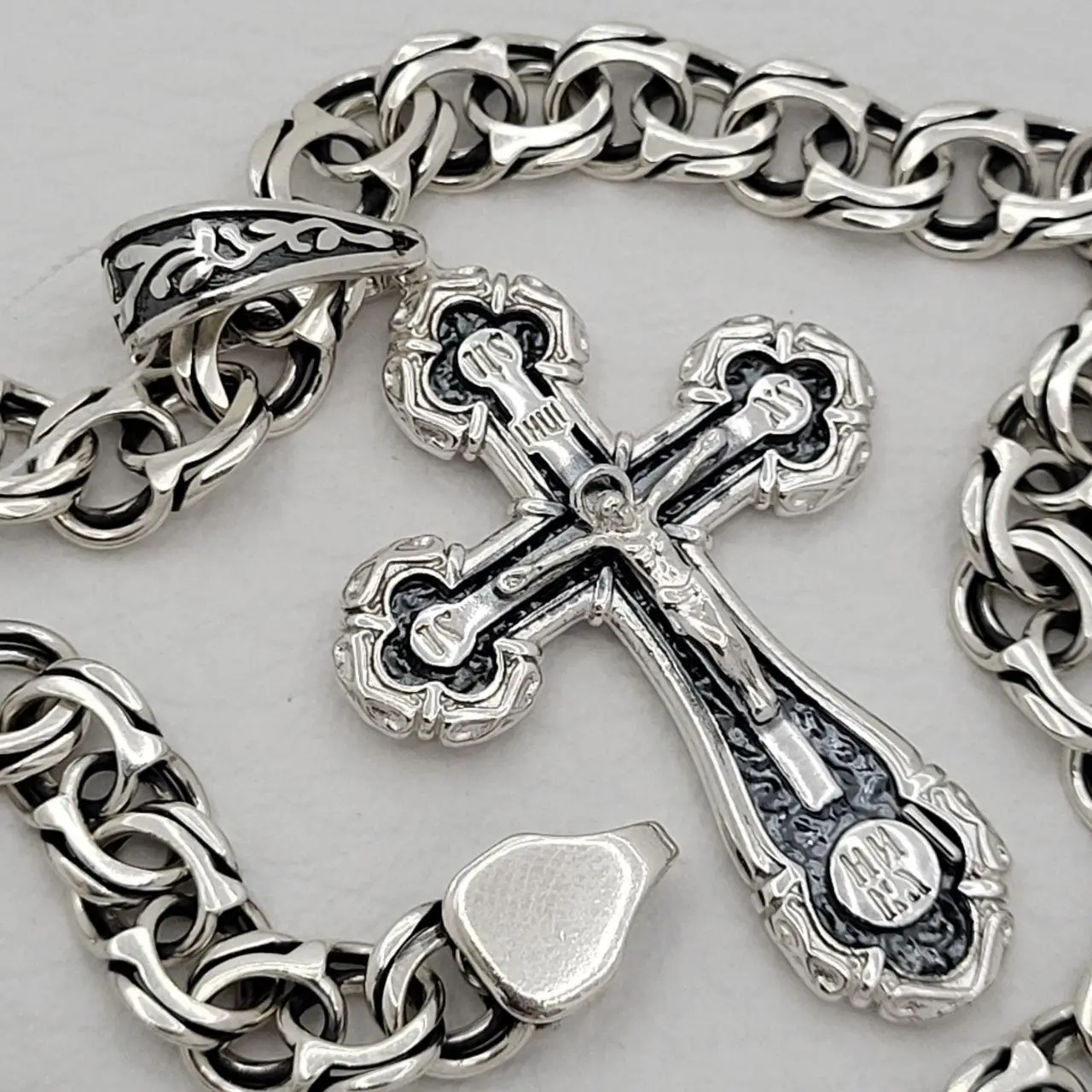 Мужской серебряный комплект с фигурным крестиком на распятии: Бисмарк 7 мм, чернение (37 г, 925)  от компании Sriblo Ukraine