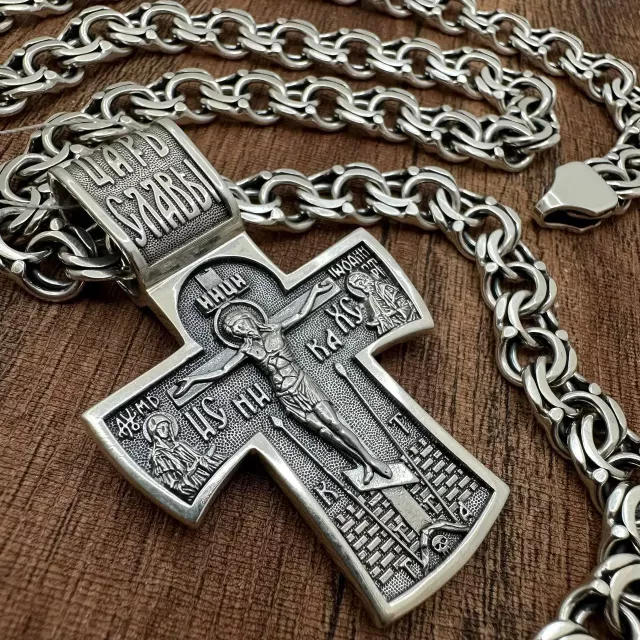 Мужской массивный серебряный комплект: двусторонний крестик + цепочка Бисмарк 8 мм (70 г, чернение, 925 проба) от компании Sriblo Ukraine