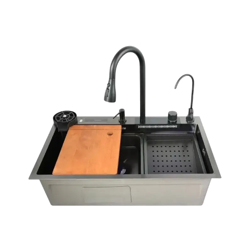 Кухонная мойка со встроенным смесителем из нерж стали Водопад ZH7546-SET-06 DECOR NANO-BLACK (черная нано) в интернет-магазине «Водокран» 